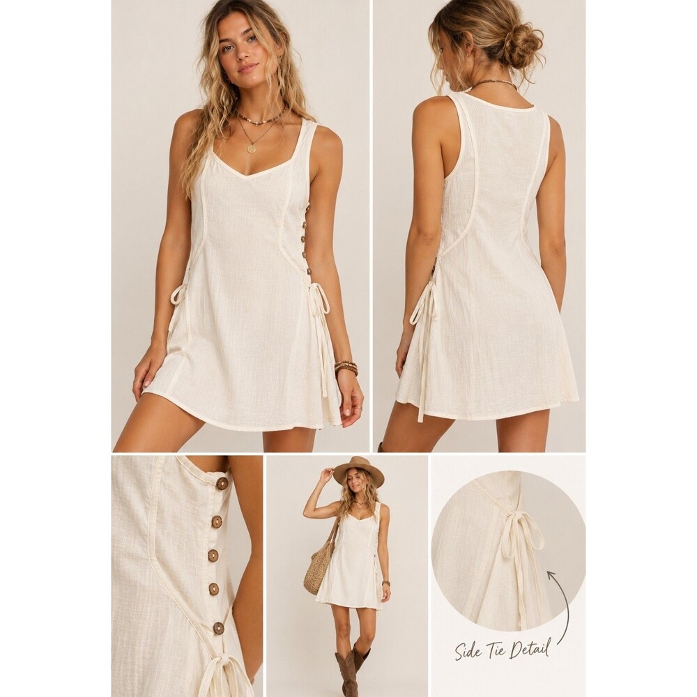 Free People Forever Fancy Mini Dress NWT Ivory Cream Boho Side Tie Buttons XS